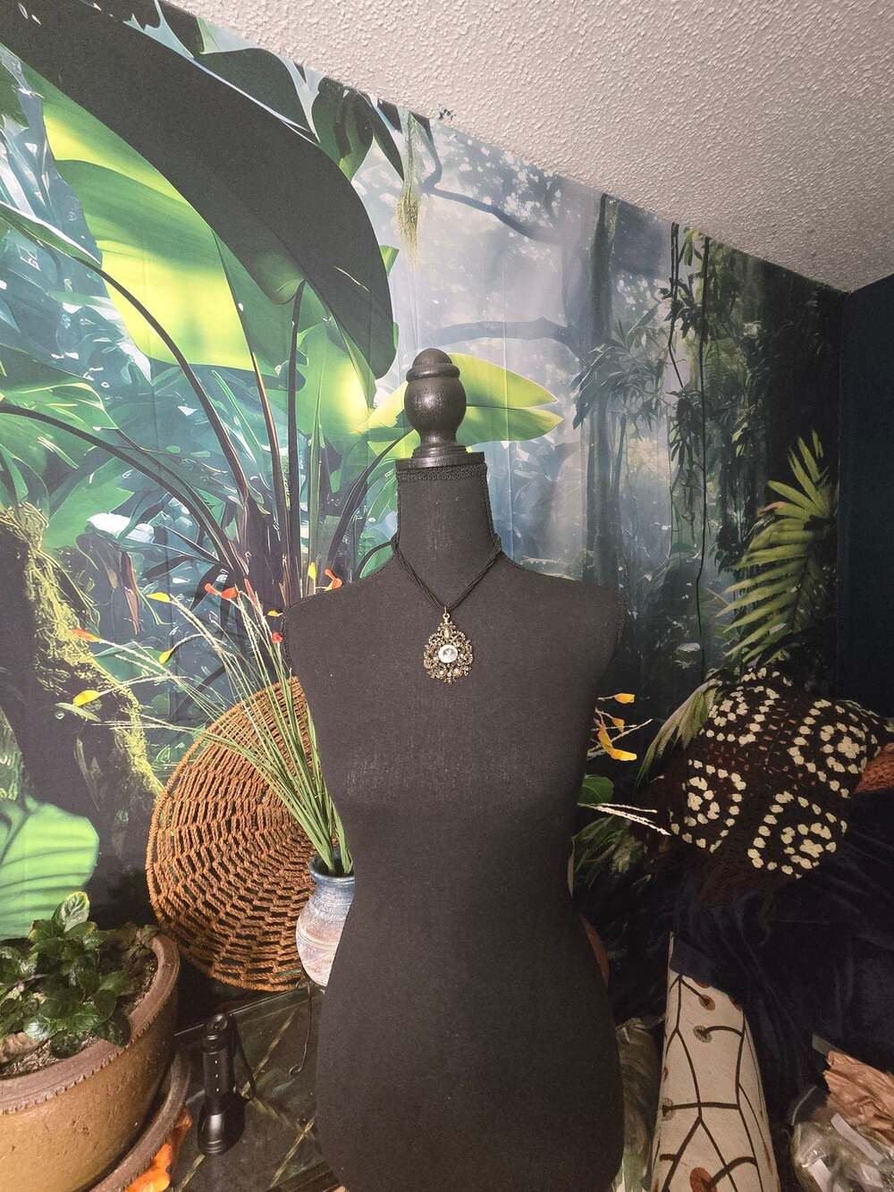 Vintage Ornate Rhinestone and Faux Pearl Filigree Pendant Necklace on Cord